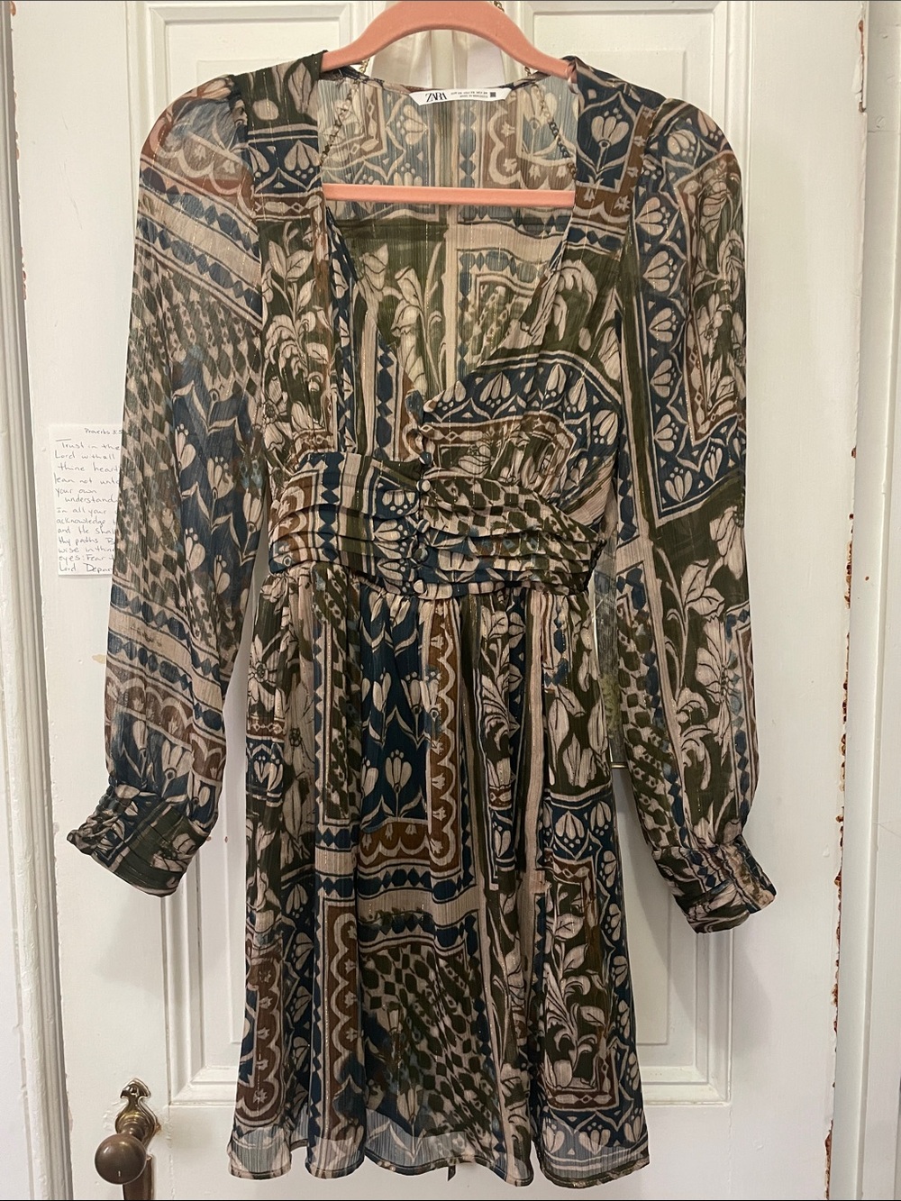 Zara Olive, Navy & Brown Printed Long Sleeve Mini Dress